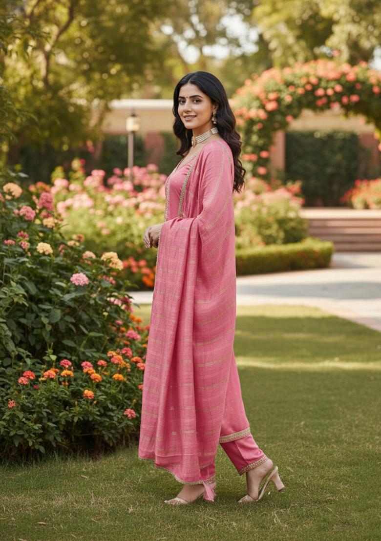 Pink Weaving Work Chanderi Kurta Set - Indya