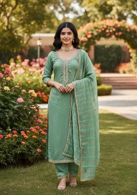 Sea Green Weaving Work Chanderi Kurta Set