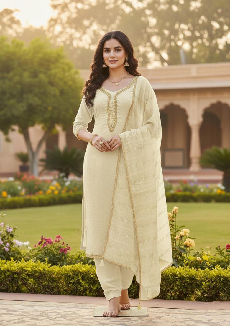 White Weaving Work Chanderi Kurta Set - Indya