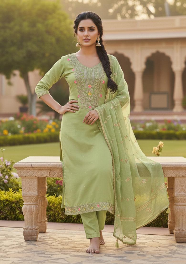 Green Embroidered Chanderi Kurta Set - Indya