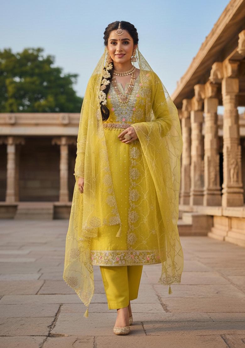 Light Green Embroidered Chanderi Kurta Set - Indya