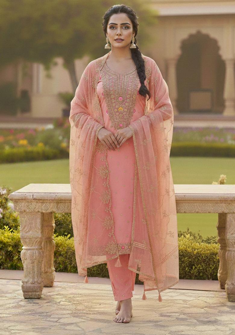 Pink Embroidered Chanderi Kurta Set - Indya