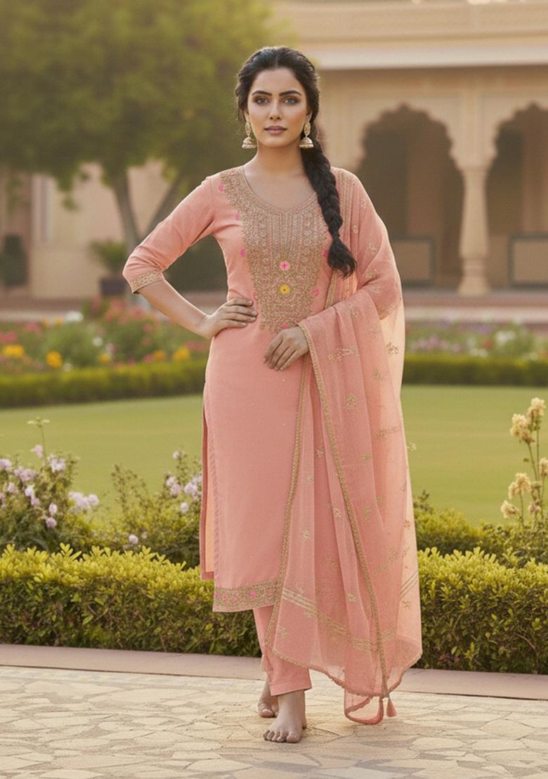 Pink Embroidered Chanderi Kurta Set - Indya
