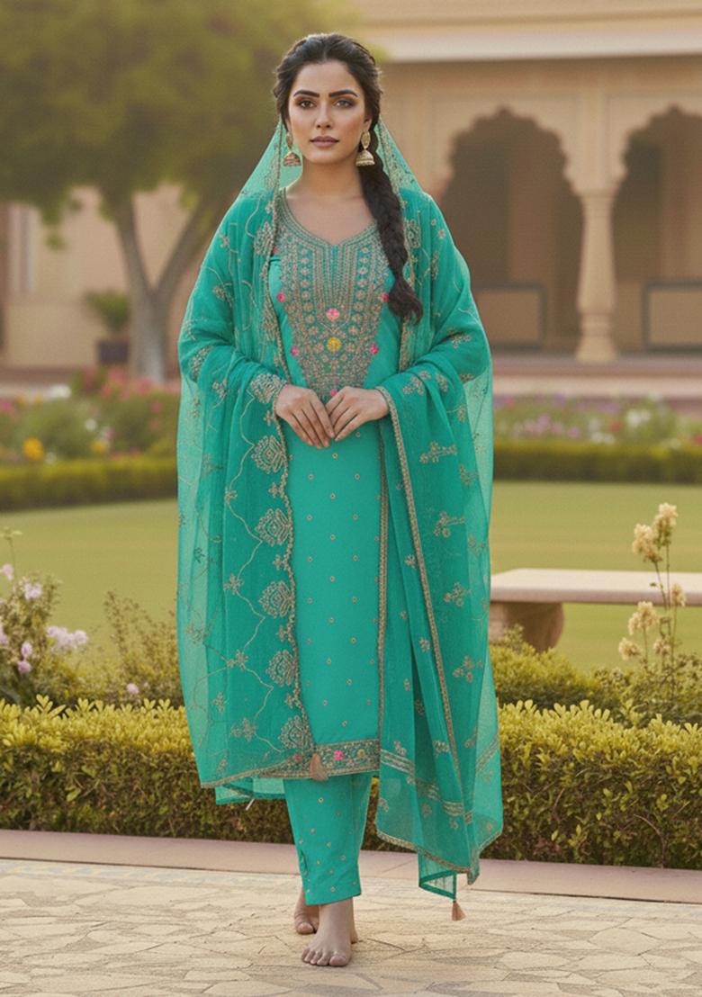 Sea Green Embroidered Chanderi Kurta Set - Indya
