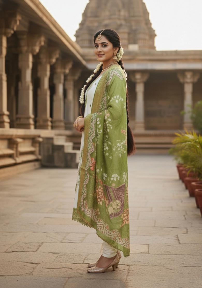 White Printed Silk Kurta Set - Indya