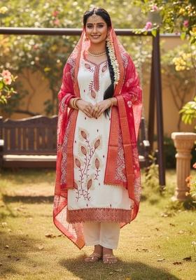 White Printed Silk Kurta Set
