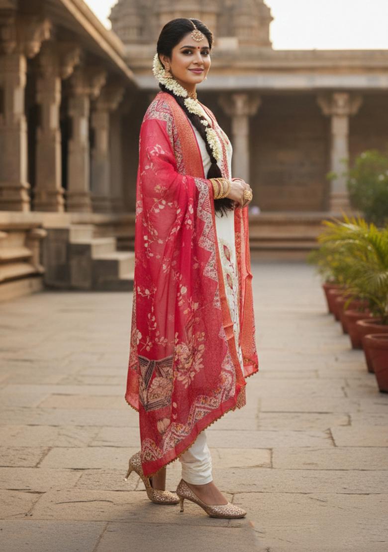 White Printed Silk Kurta Set - Indya