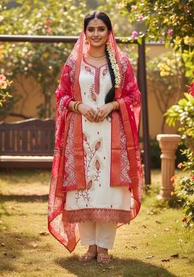 White Printed Silk Kurta Set