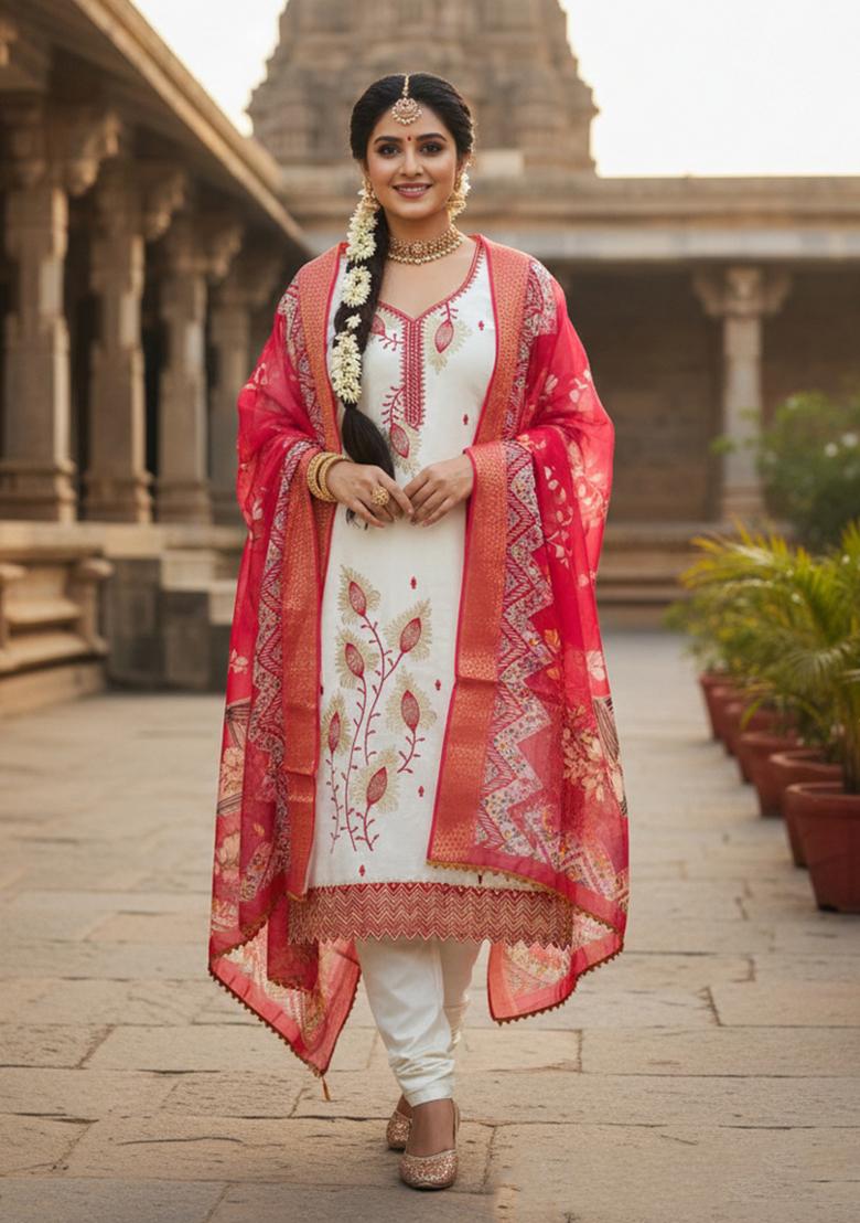 White Printed Silk Kurta Set - Indya