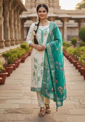 White Printed Silk Kurta Set