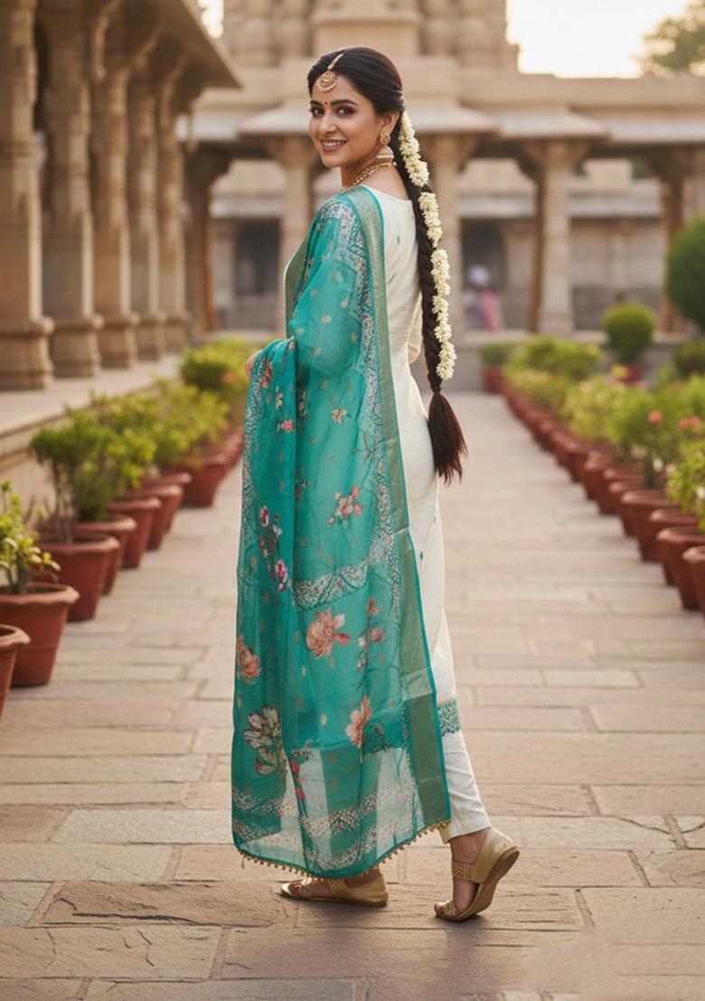 White Printed Silk Kurta Set - Indya