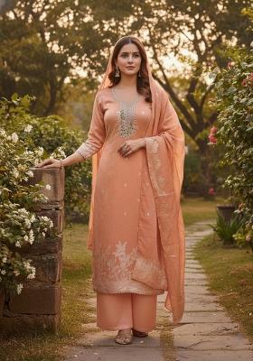 Peach Embroidered Cotton Kurta Set