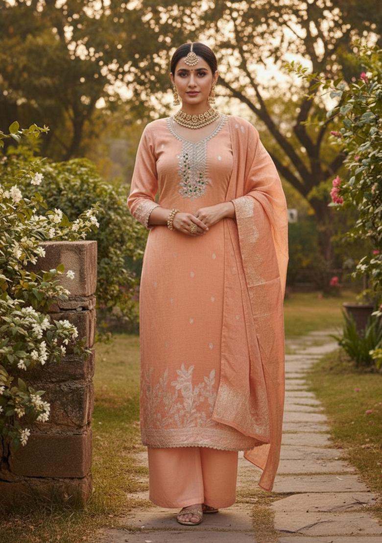 Peach Embroidered Cotton Kurta Set - Indya