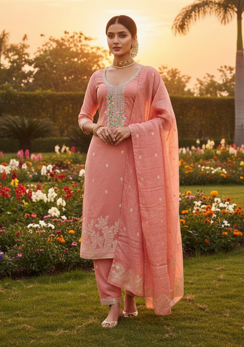 Pink Embroidered Cotton Kurta Set - Indya
