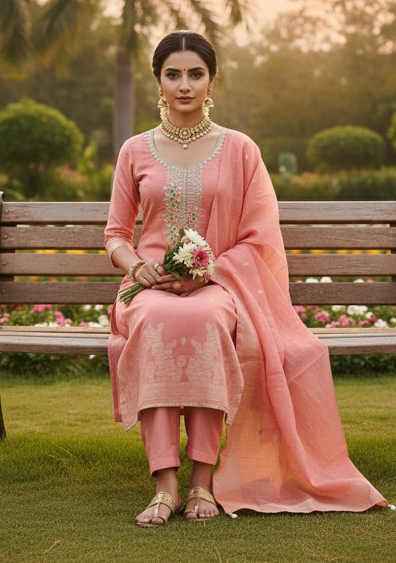 Pink Embroidered Cotton Kurta Set - Indya