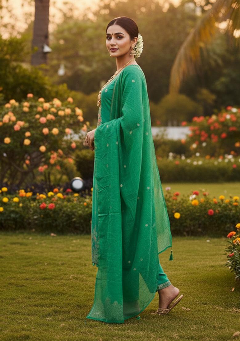Sea Green Embroidered Cotton Kurta Set - Indya