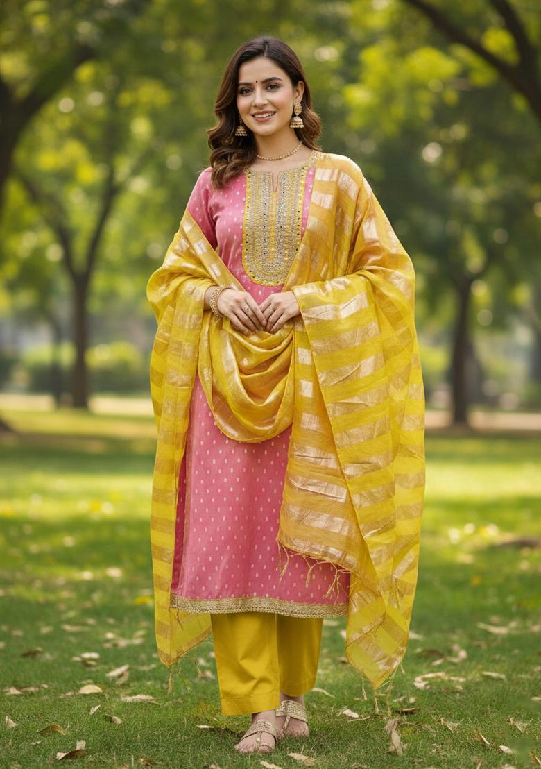 Pink Embroidered Shimmar Kurta Set - Indya