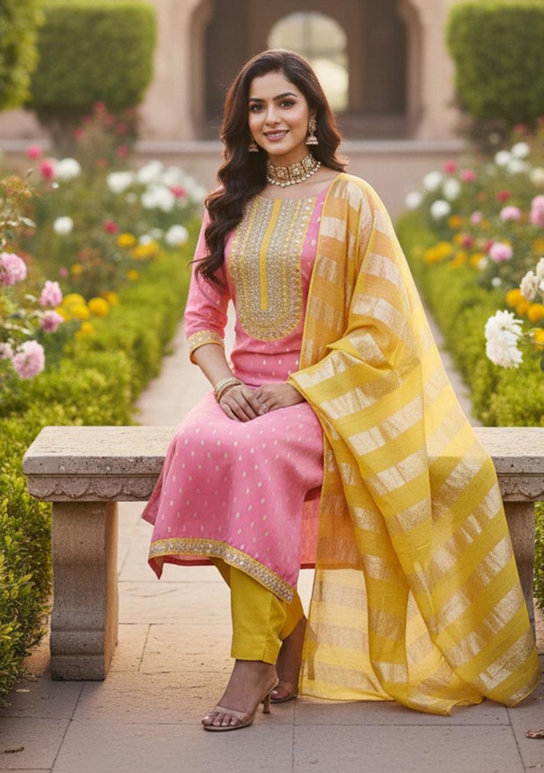 Pink Embroidered Shimmar Kurta Set - Indya