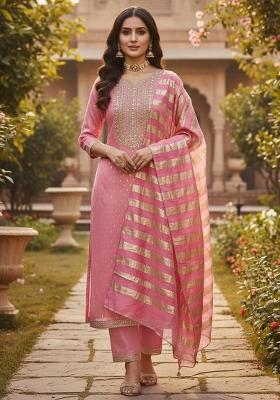 Pink Embroidered Shimmar Kurta Set