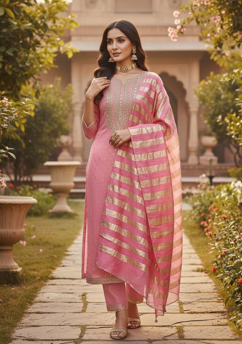 Pink Embroidered Shimmar Kurta Set - Indya