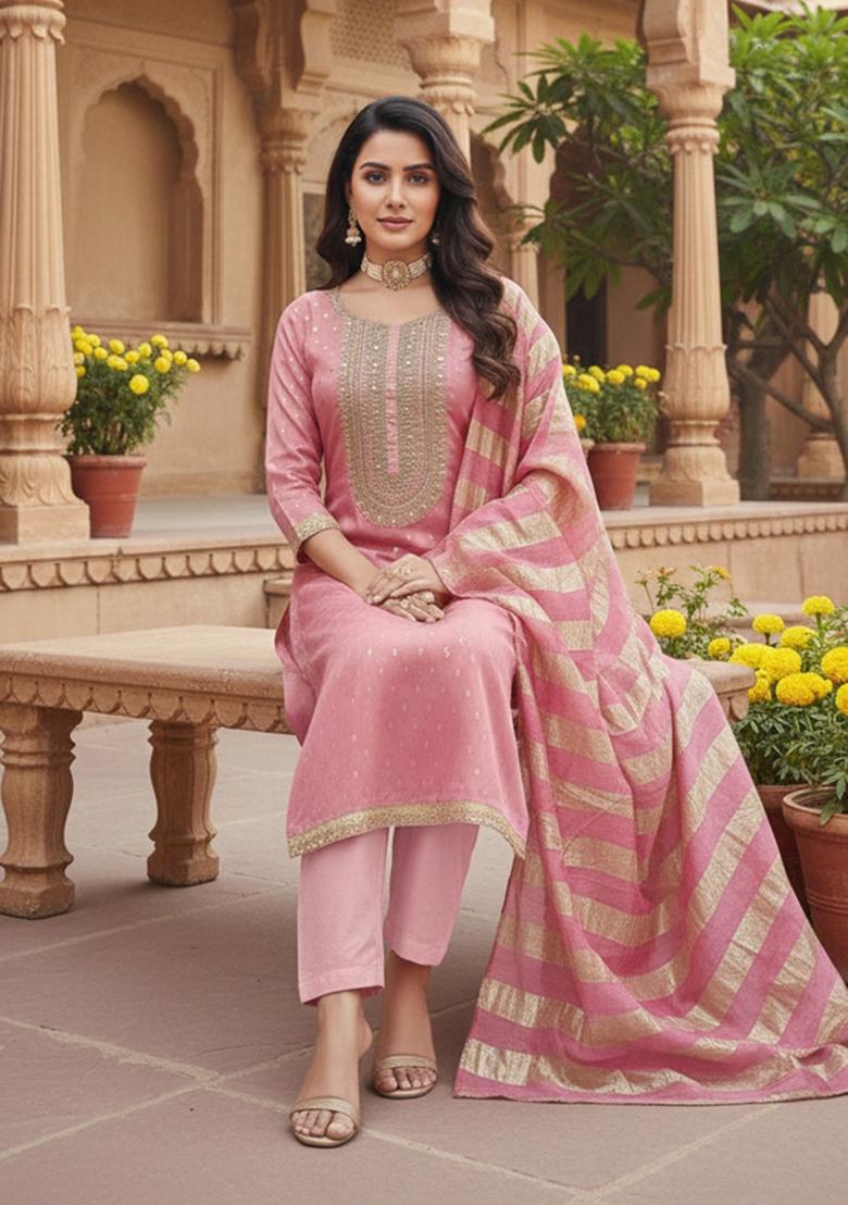 Pink Embroidered Shimmar Kurta Set - Indya
