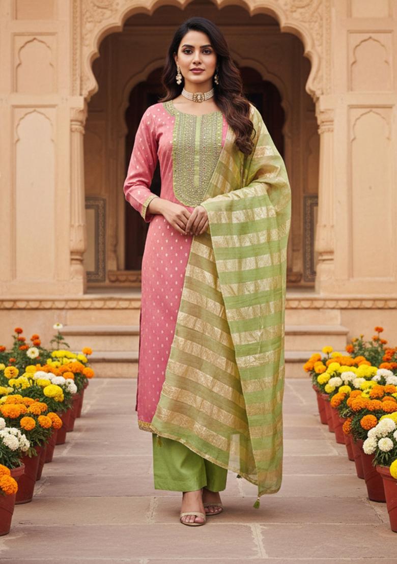 Pink Embroidered Shimmar Kurta Set - Indya