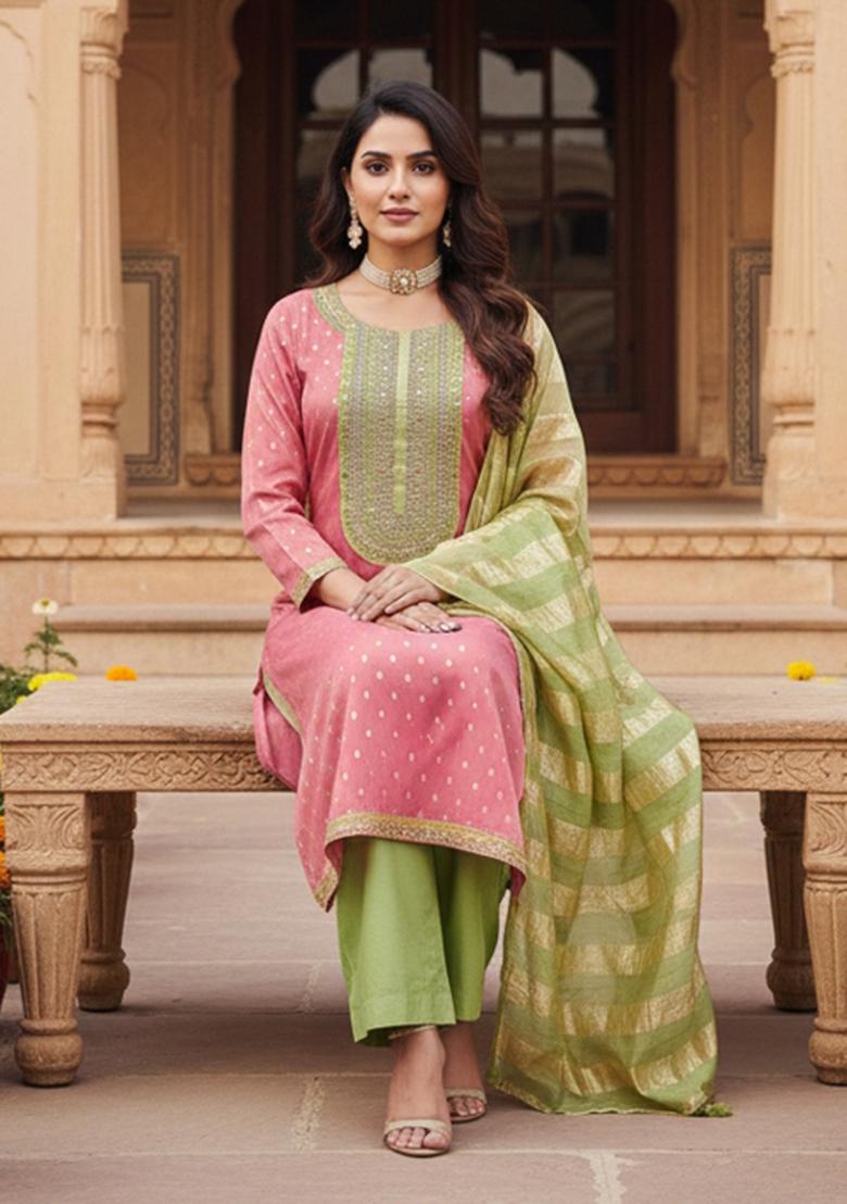 Pink Embroidered Shimmar Kurta Set - Indya