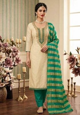 Beige Embroidered Cotton Kurta Set