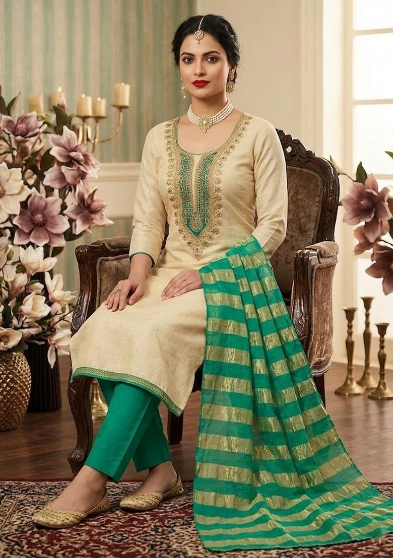 Beige Embroidered Cotton Kurta Set - Indya