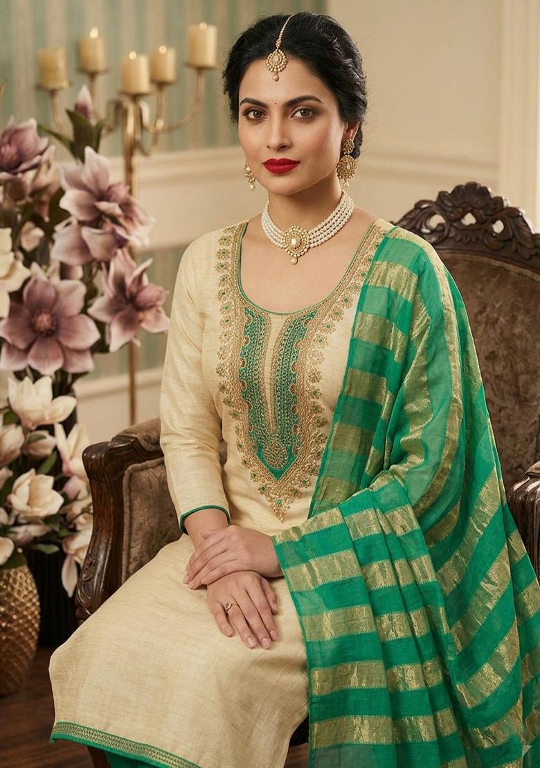 Beige Embroidered Cotton Kurta Set - Indya