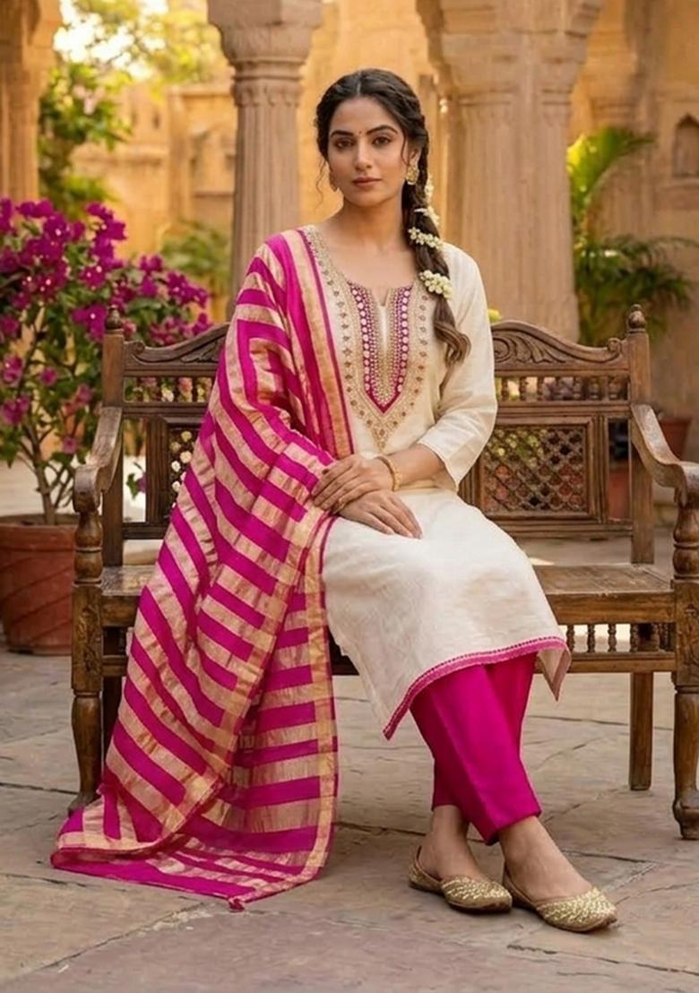 Beige Embroidered Cotton Kurta Set - Indya
