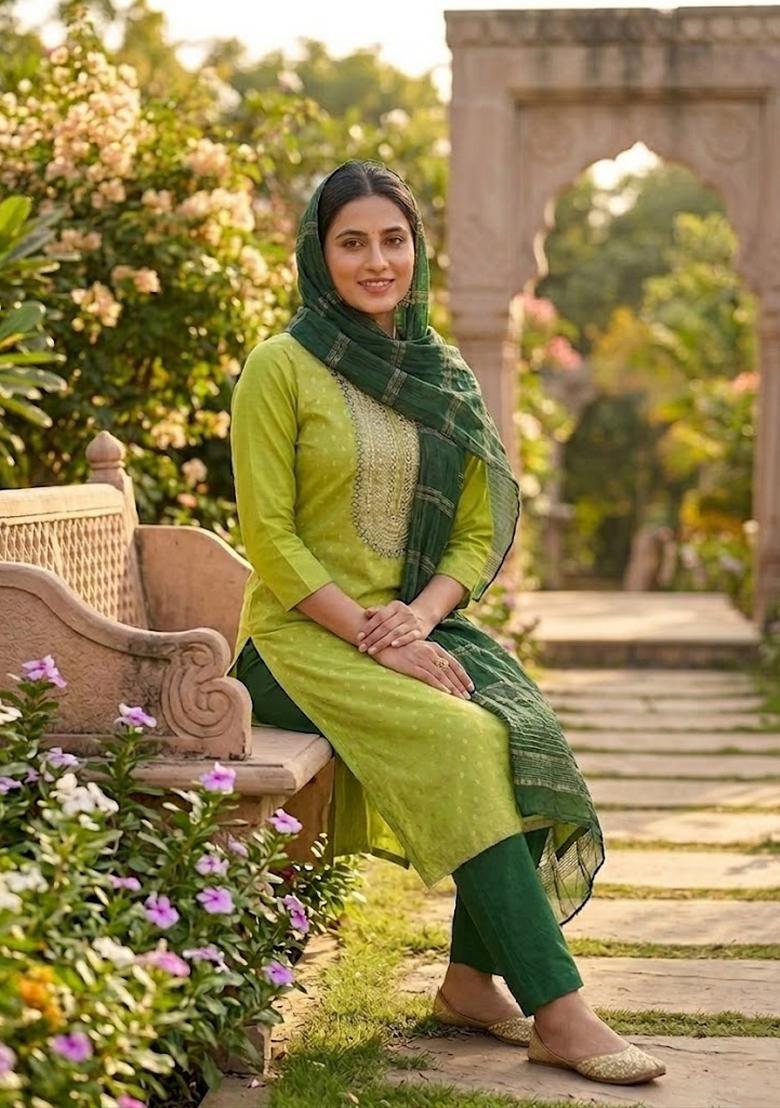 Light Green Embroidered Shimmar Kurta Set - Indya