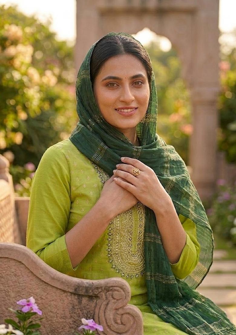 Light Green Embroidered Shimmar Kurta Set - Indya