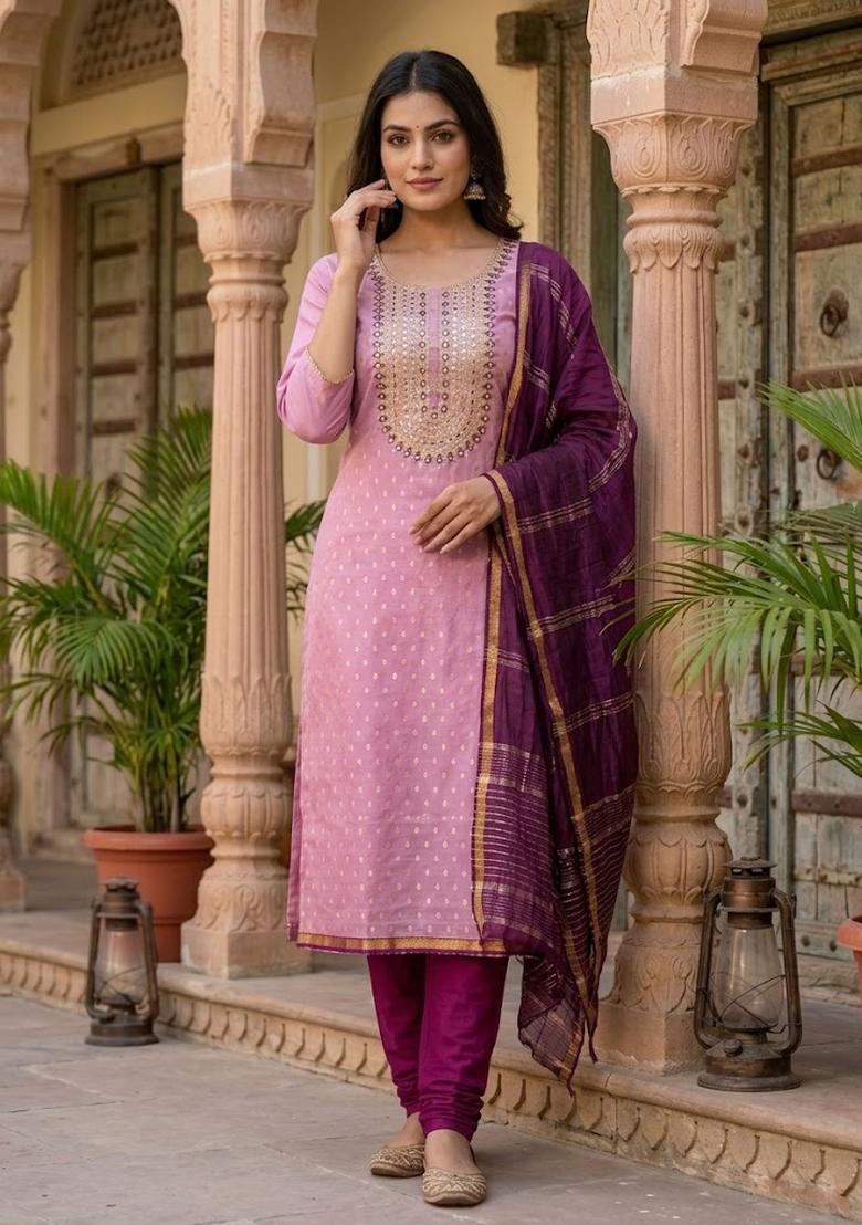Lavender Embroidered Shimmar Kurta Set - Indya