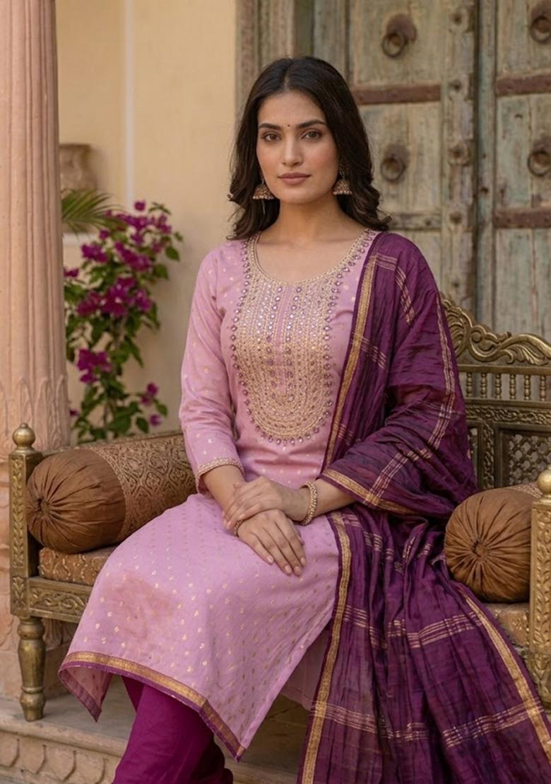 Lavender Embroidered Shimmar Kurta Set - Indya