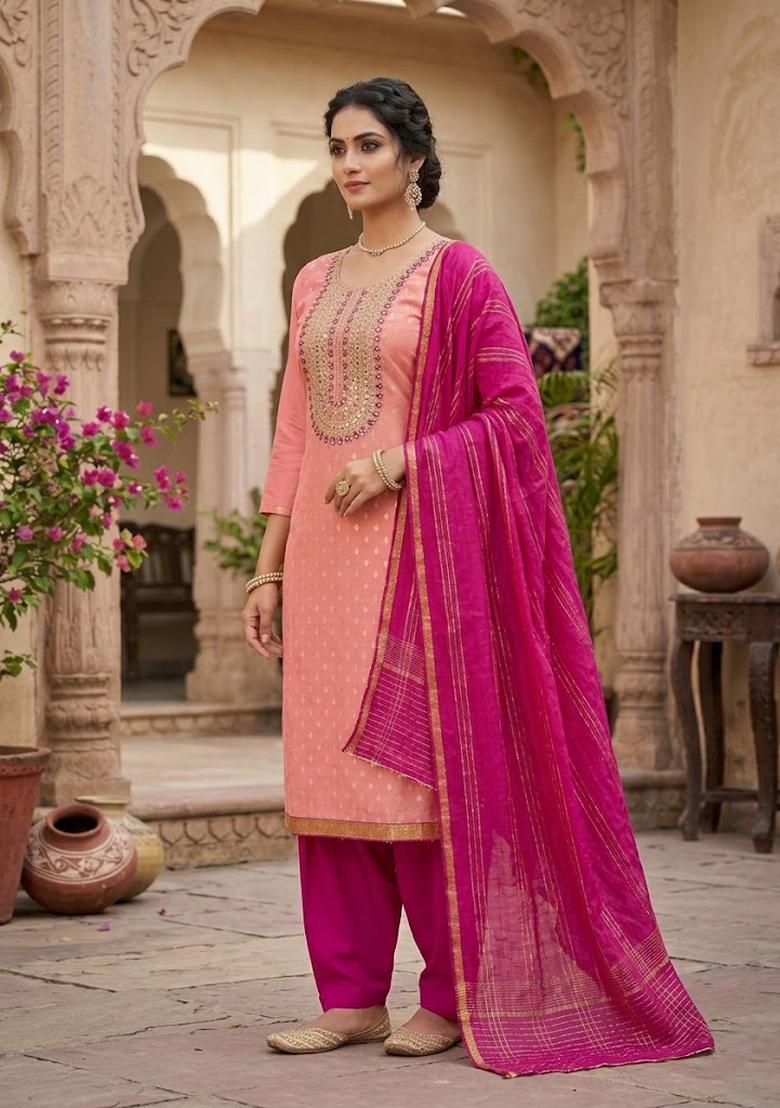 Pink Embroidered Shimmar Kurta Set - Indya
