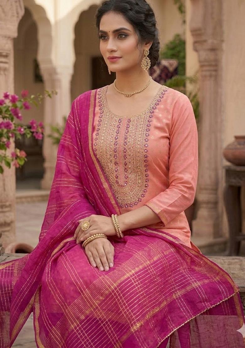 Pink Embroidered Shimmar Kurta Set - Indya