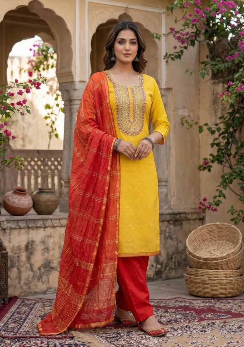 Yellow Embroidered Shimmar Kurta Set - Indya