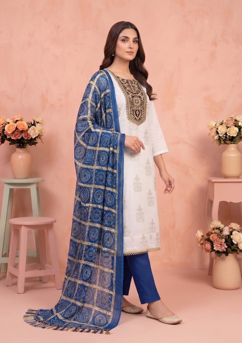 White Printed Rayon Kurta Set - Indya