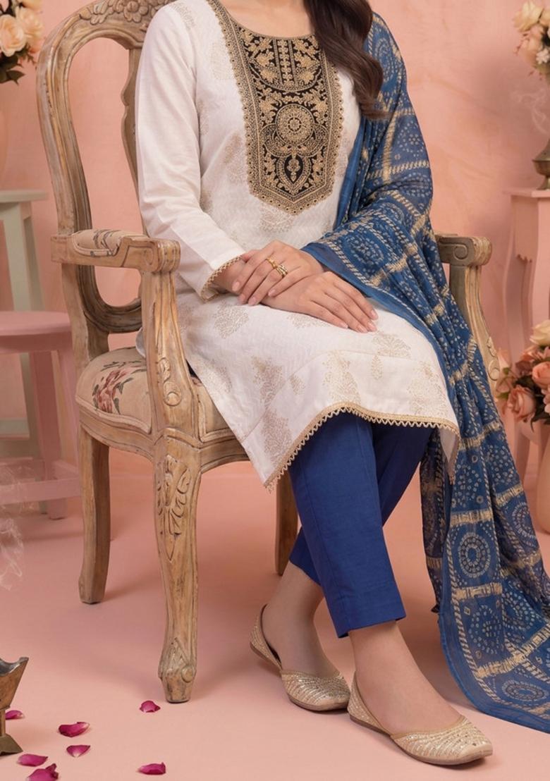 White Printed Rayon Kurta Set - Indya