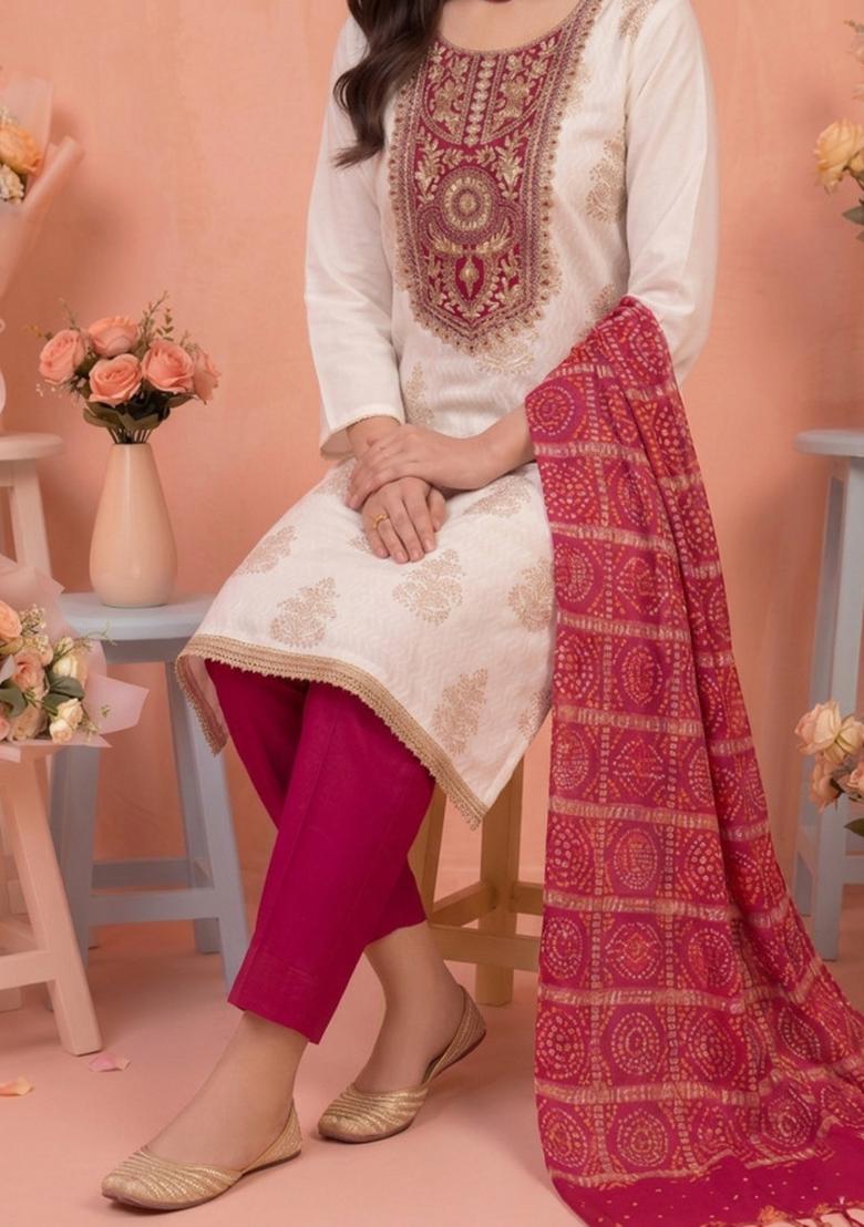 White Printed Rayon Kurta Set - Indya