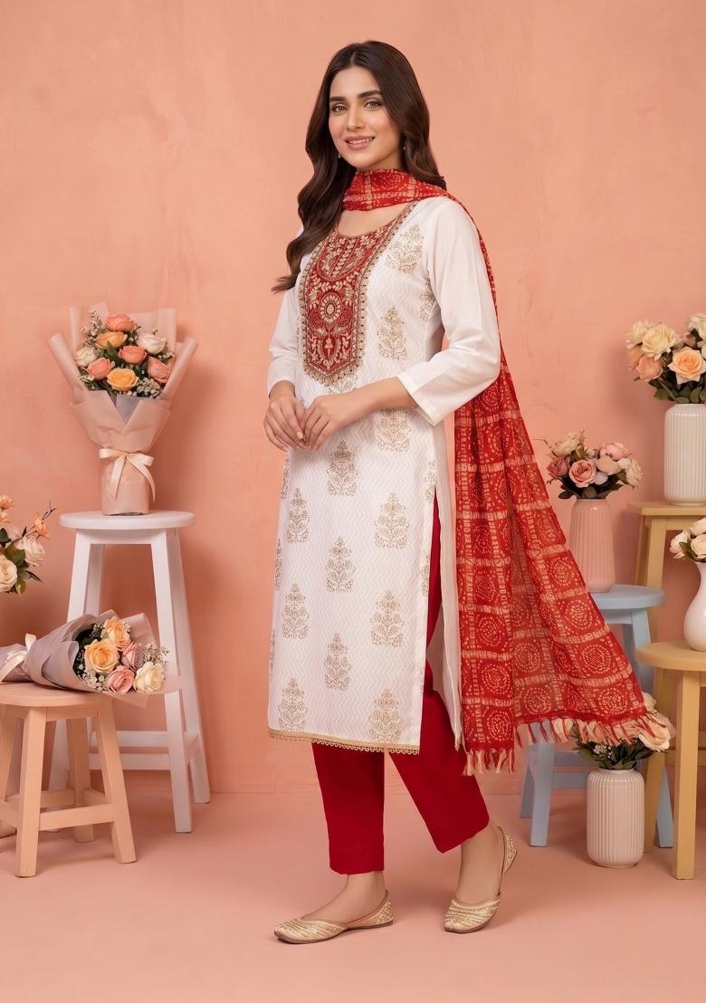 White Printed Rayon Kurta Set - Indya