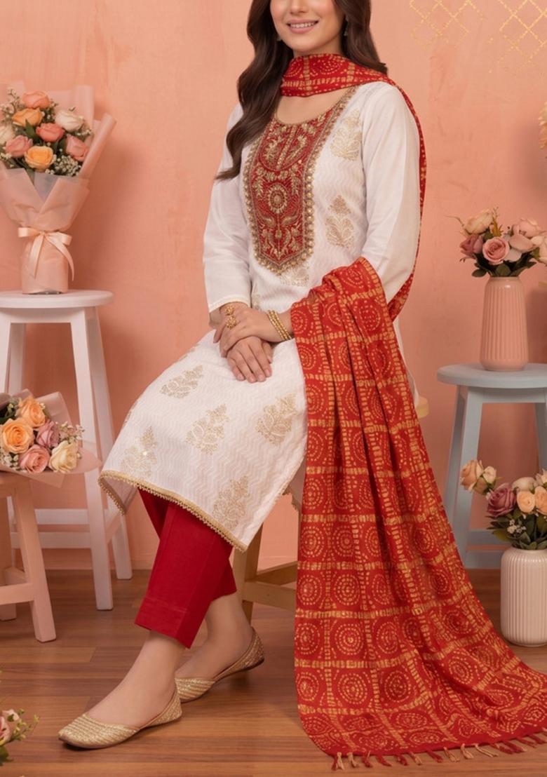 White Printed Rayon Kurta Set - Indya