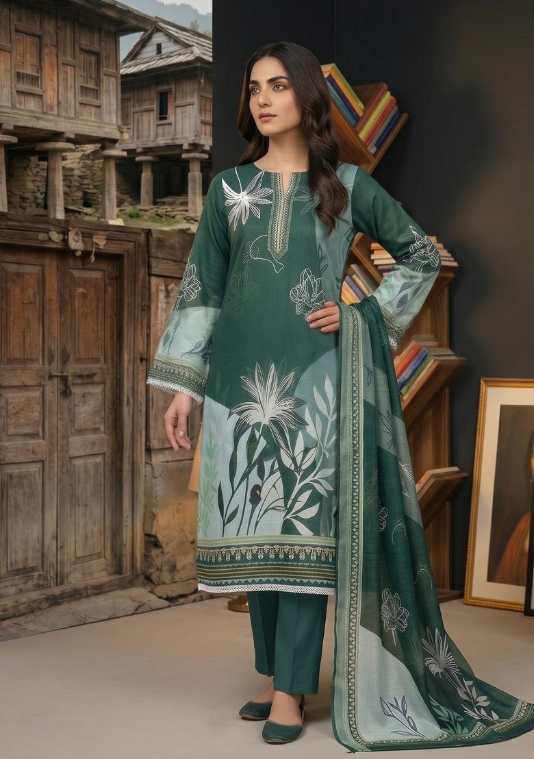 Green Printed Cotton Kurta Set - Indya