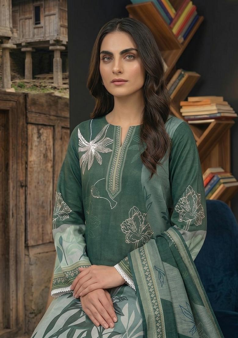 Green Printed Cotton Kurta Set - Indya