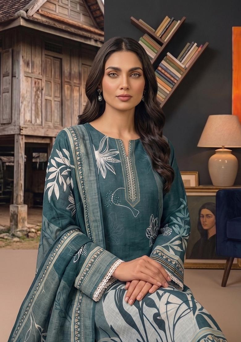 Sea Green Printed Cotton Kurta Set - Indya