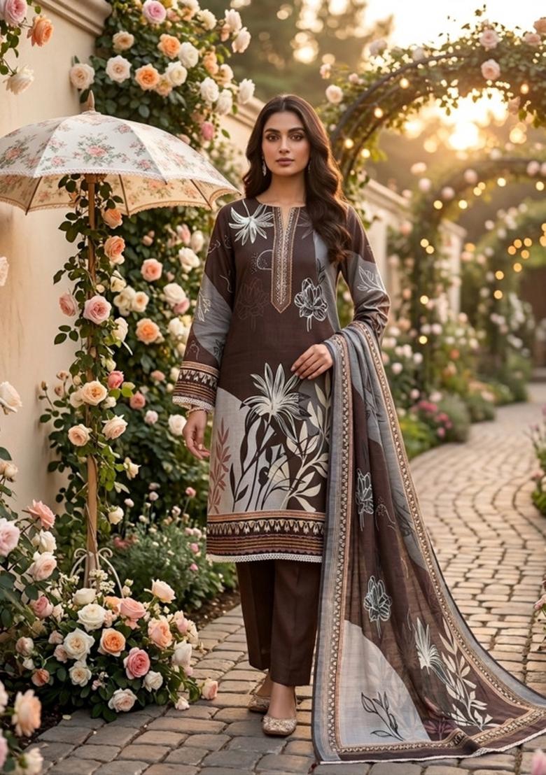 Brown Printed Cotton Kurta Set - Indya