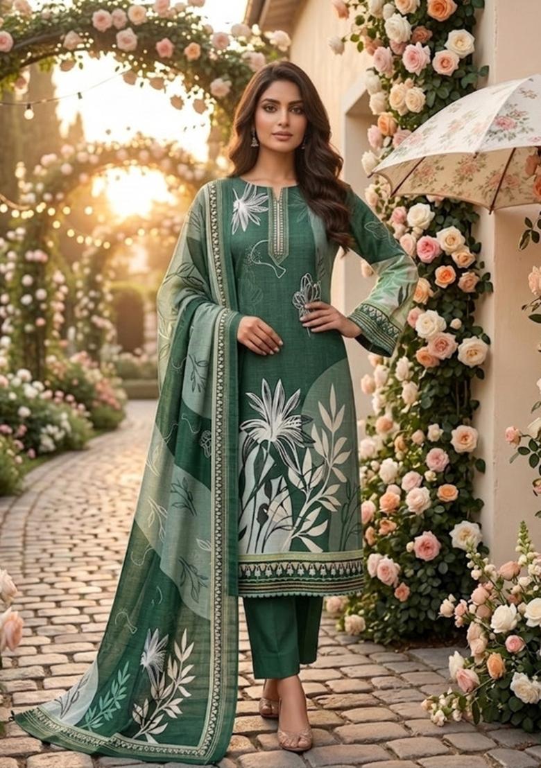 Green Printed Cotton Kurta Set - Indya