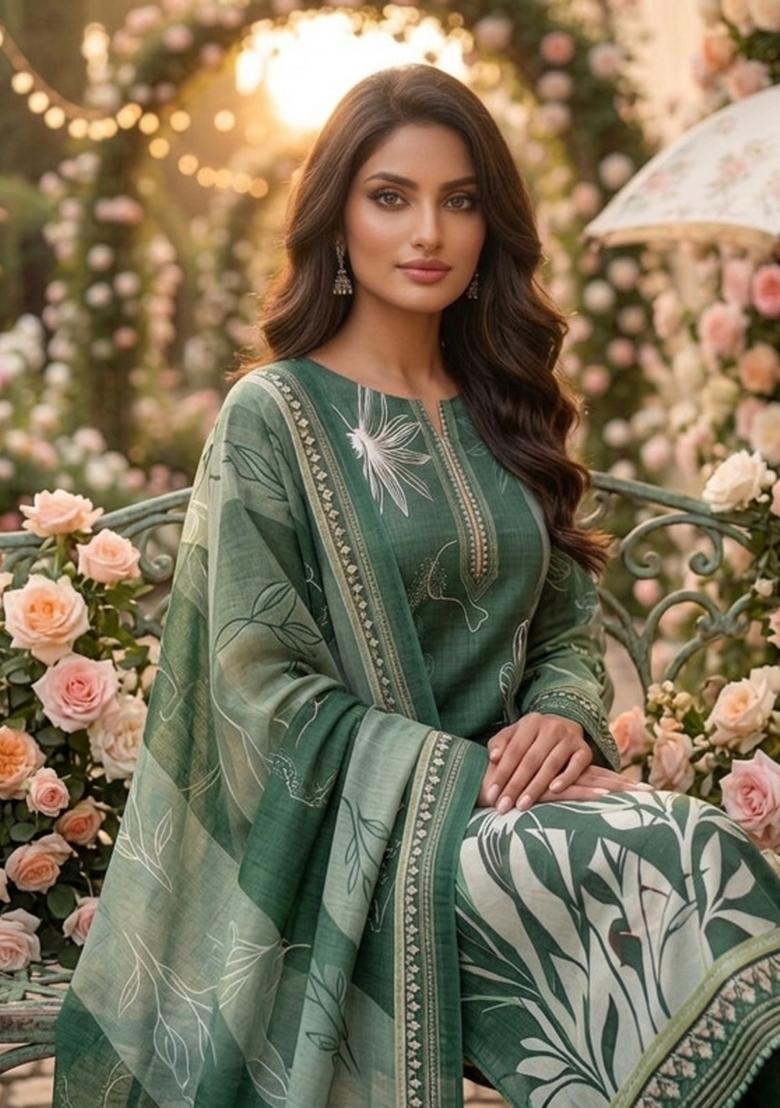 Green Printed Cotton Kurta Set - Indya