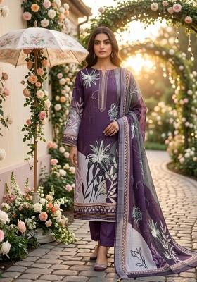 Purple Printed Cotton Kurta Set